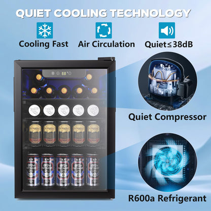 2.6 Cu.ft Beverage Refrigerator Cooler, 95 Can Mini Fridge Glass Door with Adjustable Shelves, Digital Temperature Display, Freestanding Small Drink Fridge for Home, Office or Bar(Black)