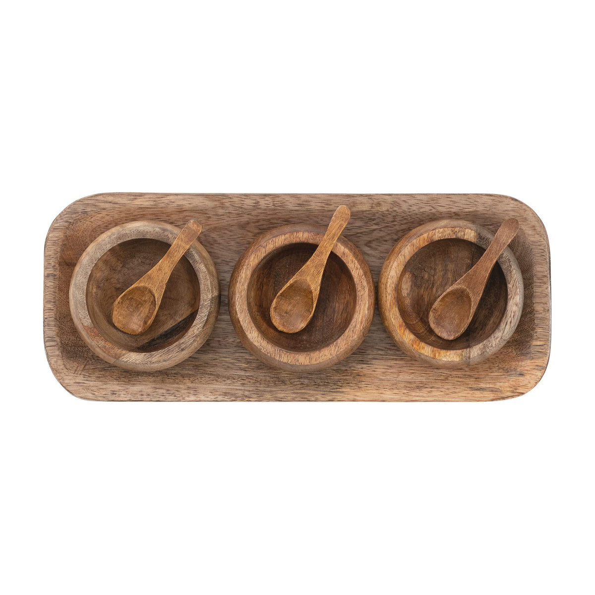 Bloomingville Spice Bowl Set with Wood Spoons on a Mango Wood Tray, Natural, Set of 3