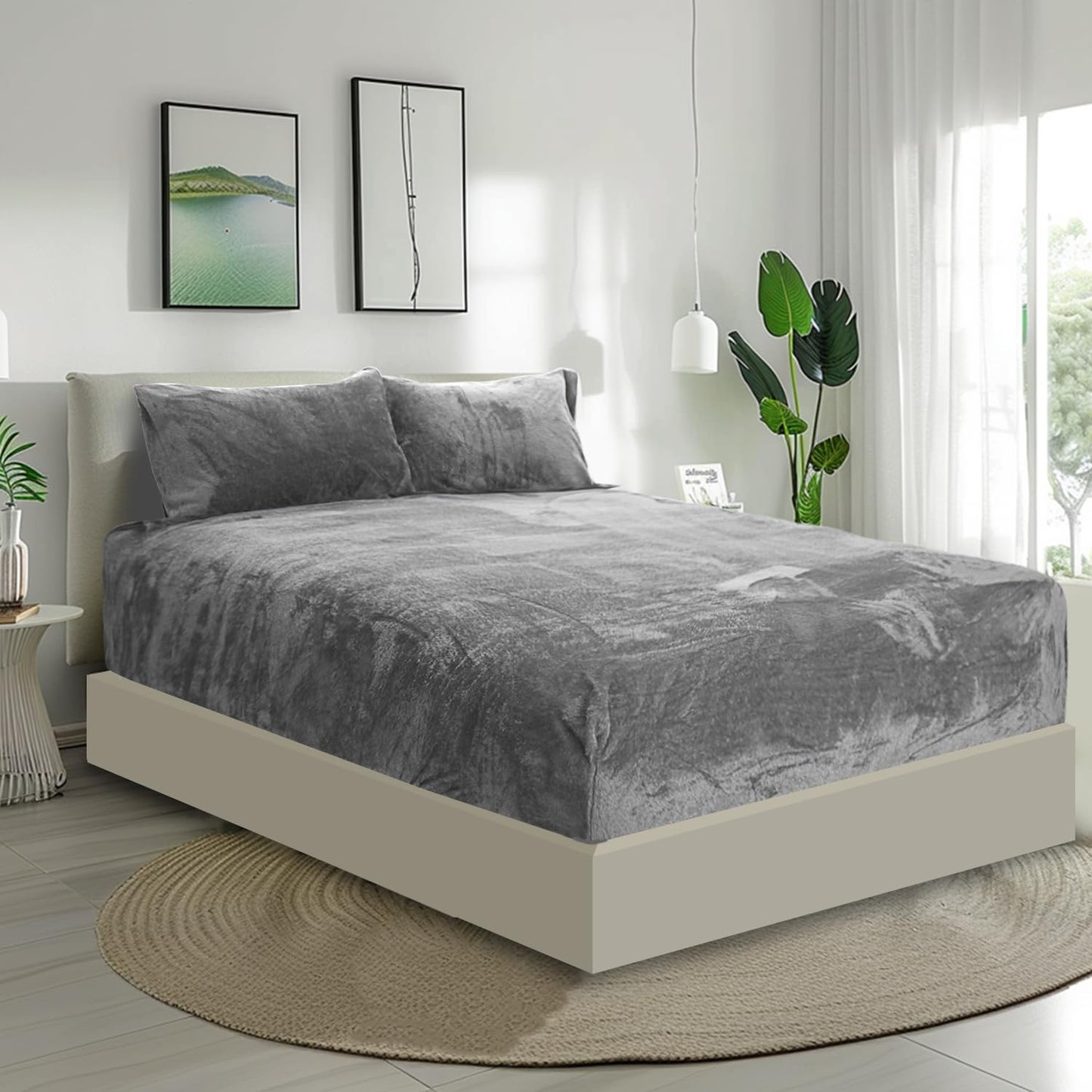 Ramesses Fluffy Teddy Fleece Full Fitted Sheet- 1 Deep Pocket Furry Fleece Fitted Sheet and 2 Piece Ultra Soft Standard Size Pillowcases (Ash Grey, Full)