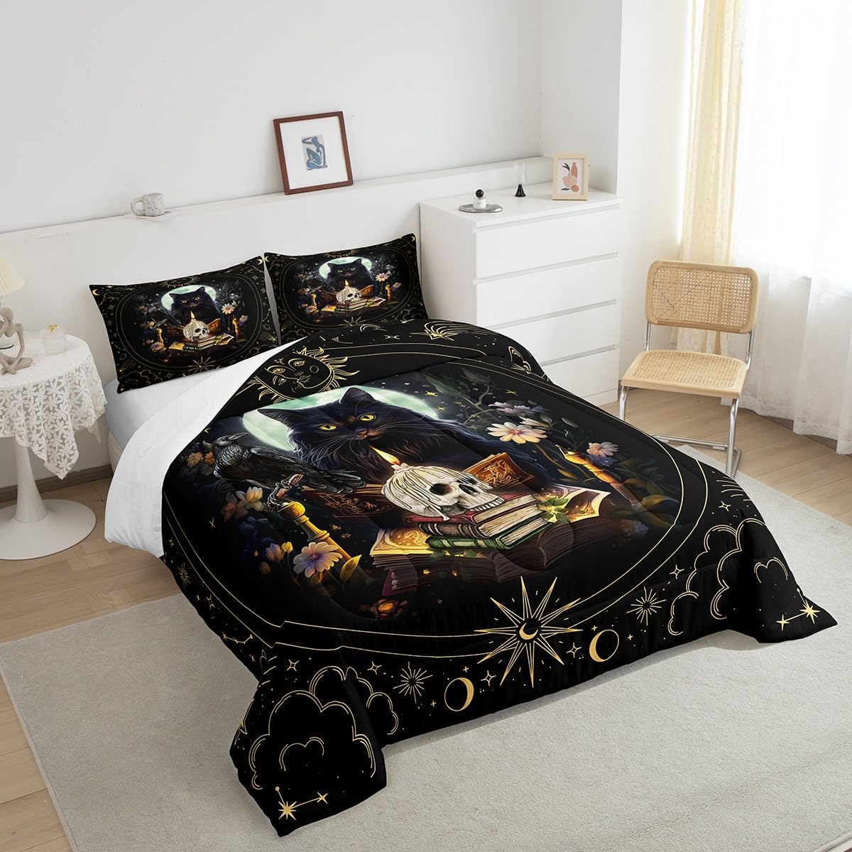 Trippy Cat Comforter Set Queen Size,Sun and Moon Kids Bedding Set Gothic Sugar Skull Crow Print Quilt Set for Girls Boys Adult Room Decor,Exotic Daisy Floral Duvet Insert,2 Pillowcases,Black