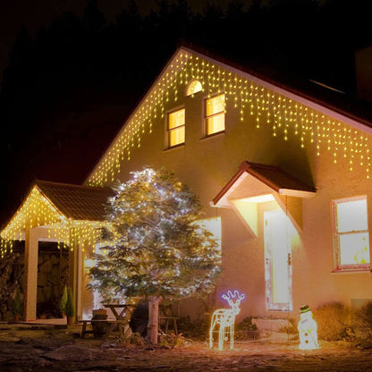 Janchs 304 LED Solar Christmas Icicle Lights Outdoor Decorations, 8 Modes Waterproof Icicle Fairy Lights for Outside Holiday, Patio, Balcony, Christmas, Window, House Eaves Decorations, Warm White