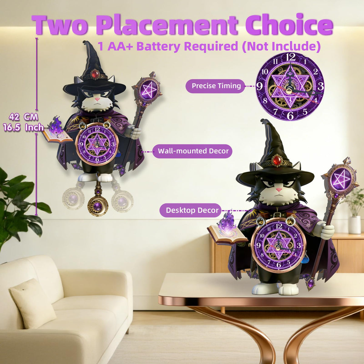 3D Wooden Puzzle Clock for Adults and Kids,Magic Cat Legend Wizard Cat 3D Stackable Design, 3D Puzzles for Adults Kids Room Home Decor, Unique Gift for DIY Enthusiasts & Fantasy Lovers