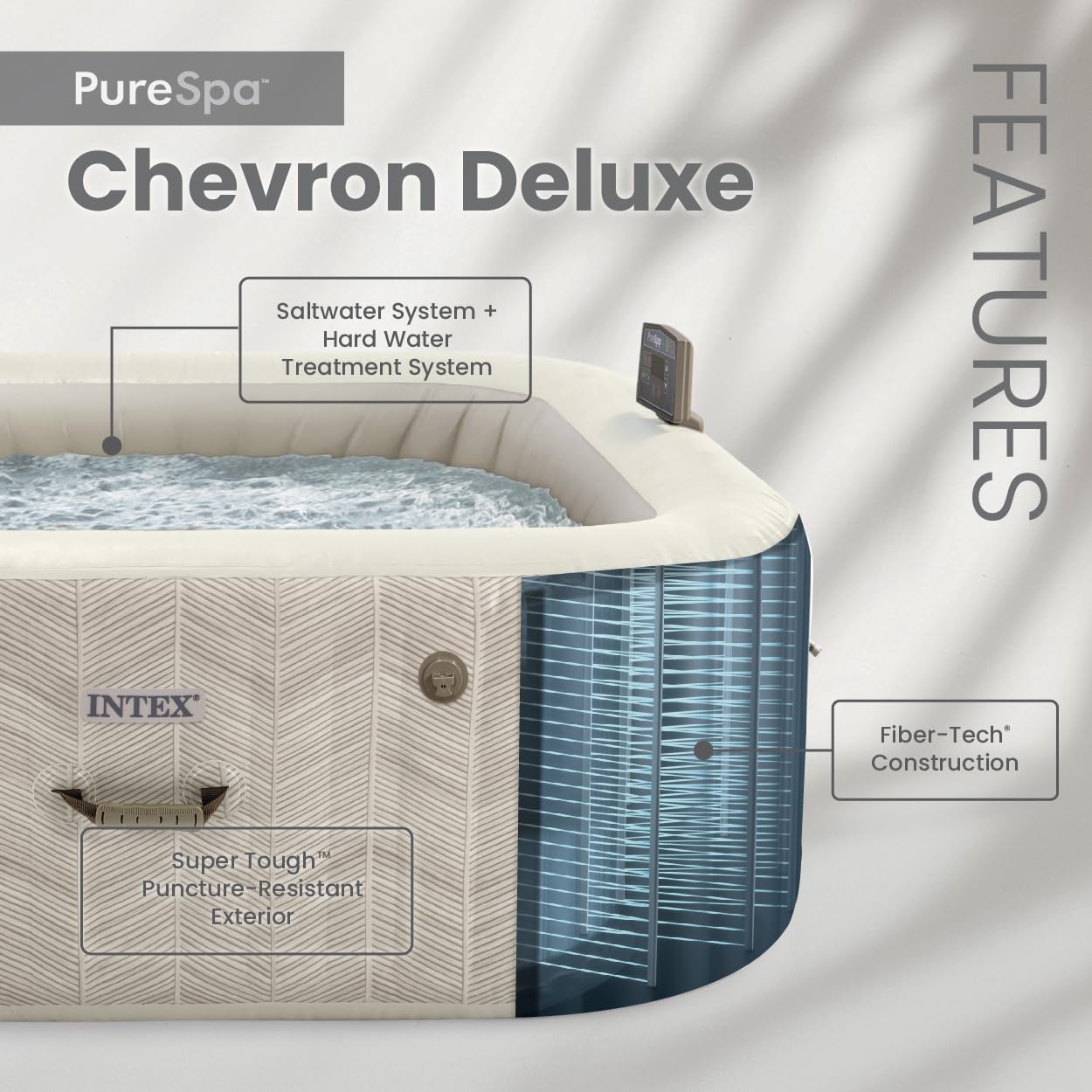 INTEX 28445EH 4 Person PureSpa Chevron Deluxe Outdoor Inflatable Portable Hot Tub, Includes Energy Efficient Spa Cover, Spa Control App, Saltwater System Ready, 69" x 69" x 28"