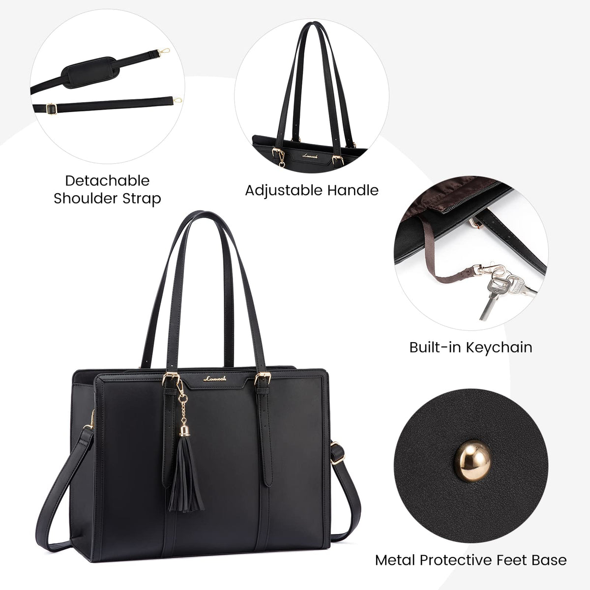 LOVEVOOK Laptop Bag for Women 17.3 Inch Lightweight PU Laptop Tote Bag, Large Capacity Computer bag with Clutch Purse for Business, Work, Office, Travel, School, Casual(Black & Leather)