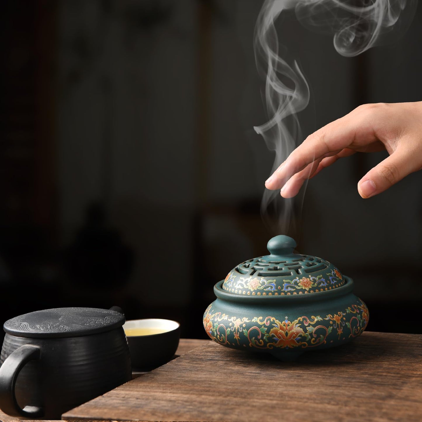 plainele Ceramic Incense Burner with Incense Holder+ Fireproof Cotton,Handmade Smudging Burn Bowl for Stick or Coil Incense,Sage Cones,Frankincense and Mosquito Incense (Enamel)