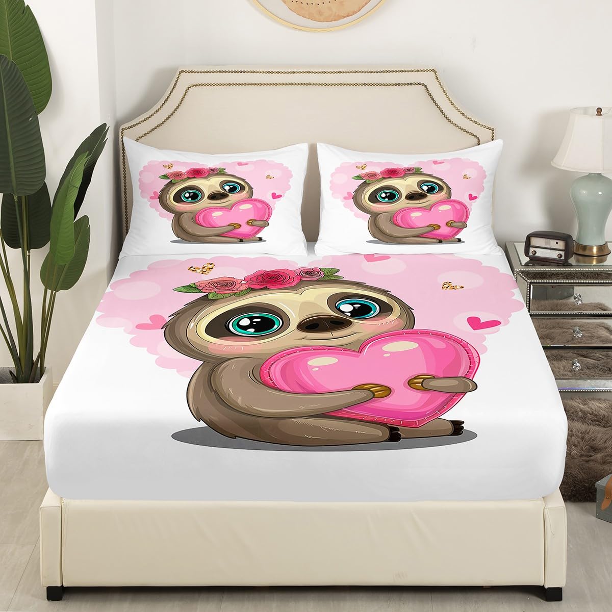 Kids Cute Sloth Fitted Sheet Cartoon Sloth Printed Bedding Set for Boys Girls Children Flowers Pink Heart Bed Sheet Set Lovely 3D Animal Theme Bed Cover Room Decor Twin Size 2Pcs