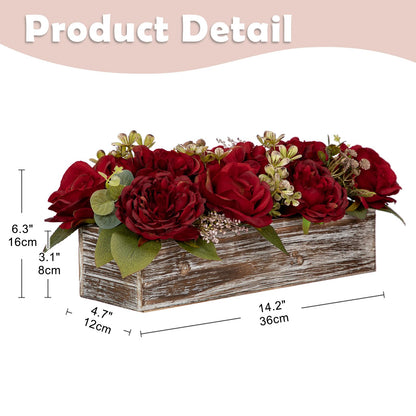 Flower Arrangement with Wooden Vase 14" Artificial Flowers in Pot - Fake Flowers Roses Peonies Hydrangeas in Wooden Vase Potted Artificial Flower Centerpieces for Table Decor Living Room - Red