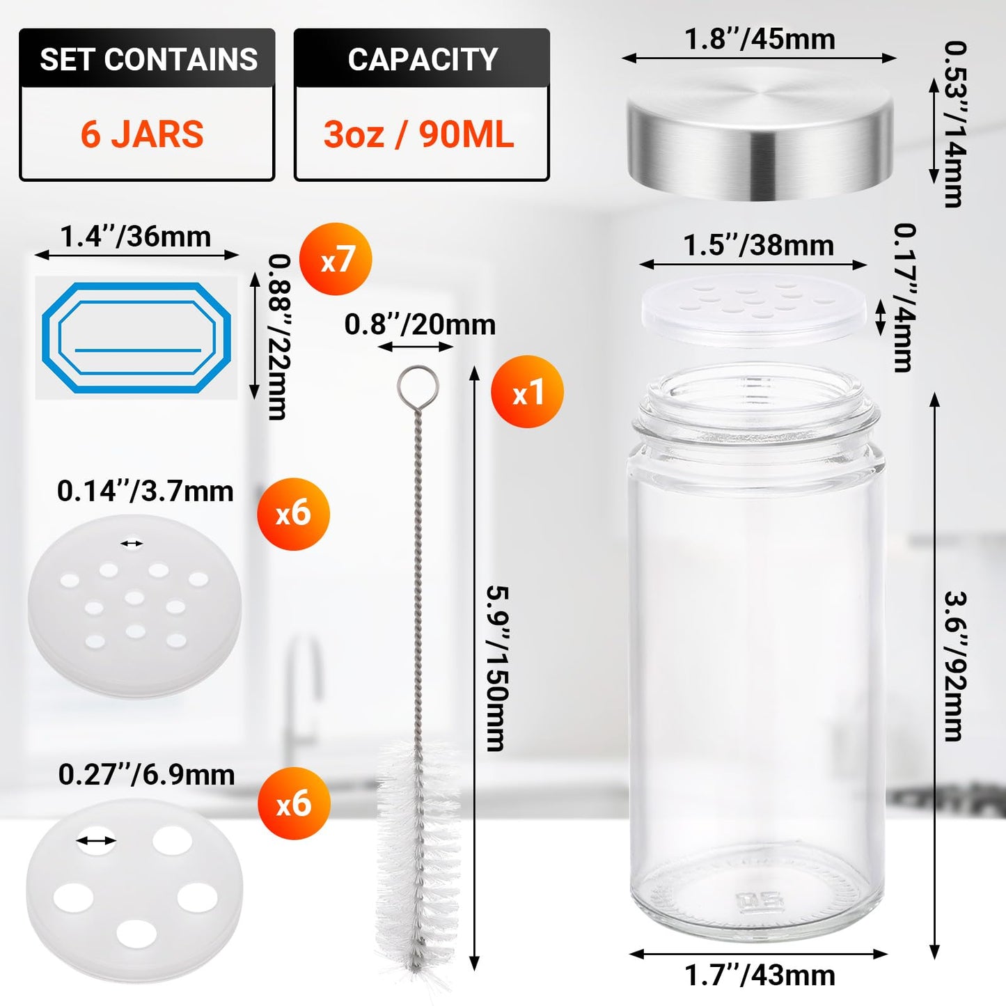 Segarty 3oz Spices Jars with Stainless Steel Lids, 6 PCS 90ml Empty Round Spice Containers, Clear Glass Seasoning Organizers for Spices Storage, Small Salt and Pepper Shaker with 7 Stickers, 1 Brush