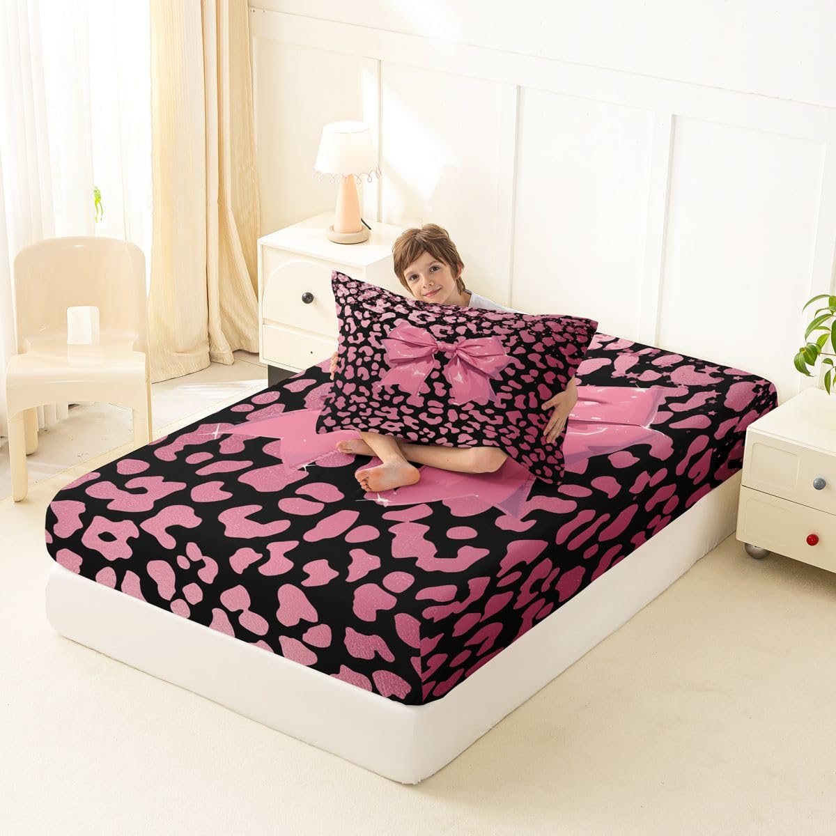 jejeloiu Cute Leopard Bow Fitted Sheet Twin Size for Kids Boys Girls Black Pink Bowknot Bed Sheets Set 16" Deep Pocket Dreamy Princess Style Bedding with 1 Pillowcase Room Decor