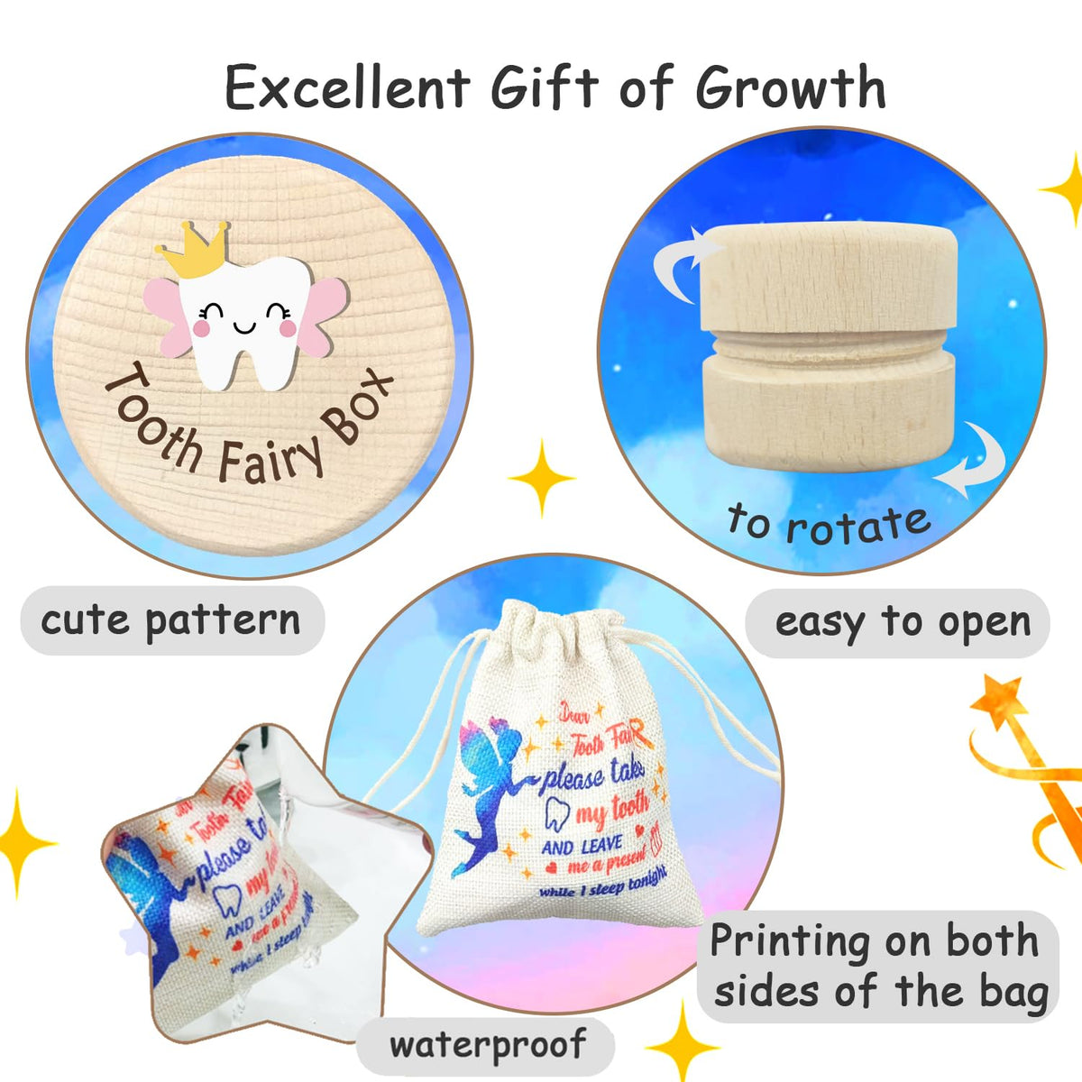 Azbuk Tooth Fairy Box for Girls with Fiary Bag, Cute Carved Wooden Box with 3D Tooth, Stores Lost Teeth for Kids, Souvenir Dropped Tooth Keepsake Storage Box Gift for Little Girl