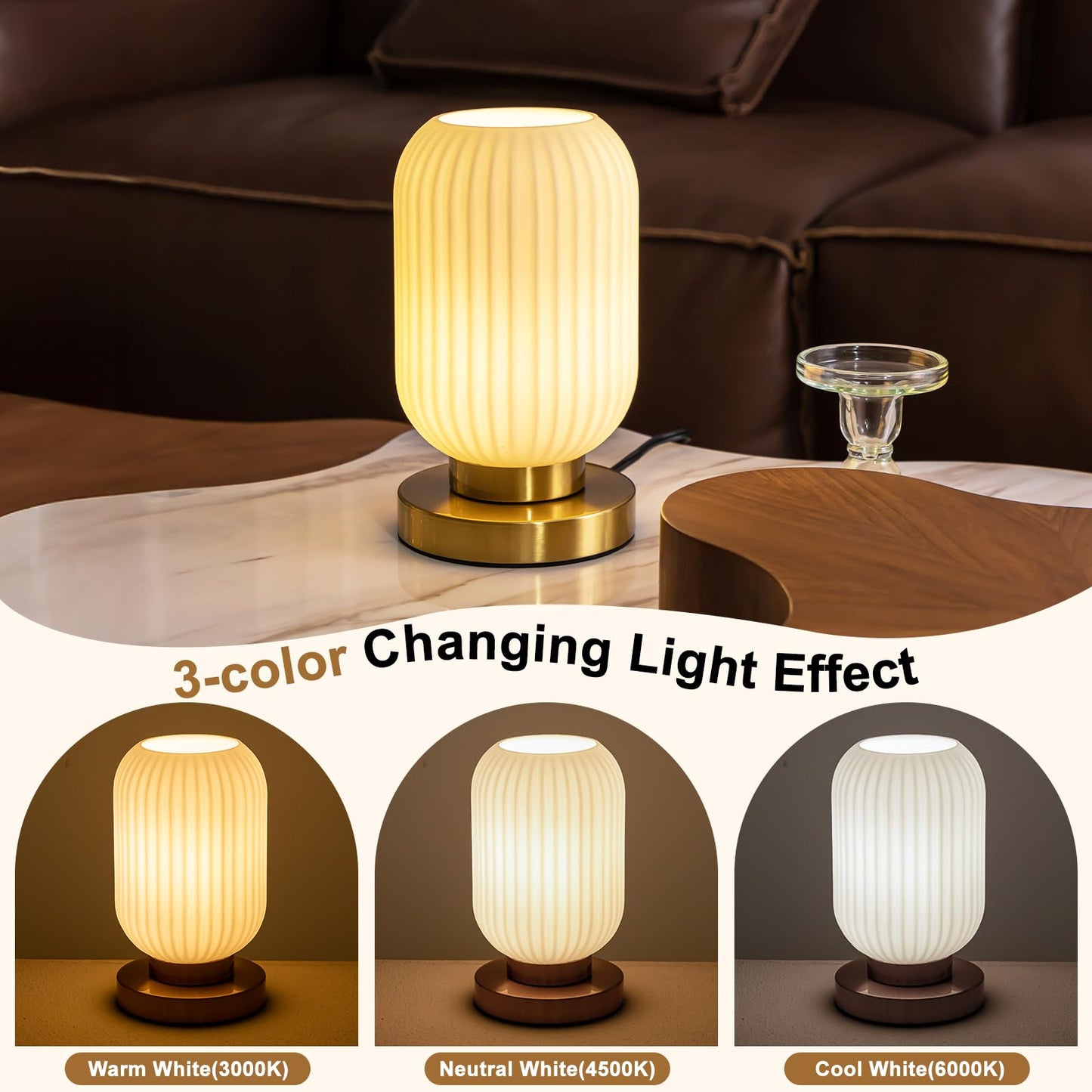 HSMKL Modern Ribbed Glass Table Lamps Mid Century Bedside Light Small Nightstand Lamp with Plug-in Style, E26 Ambient Lighting for Bedroom Living Room Tabletop, Milky White