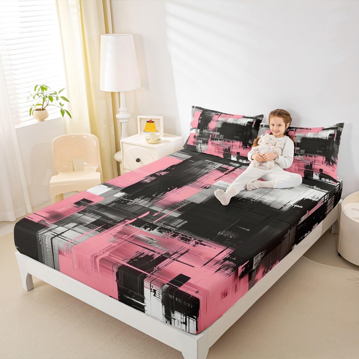 jejeloiu Abstract Fitted Sheet with 1 Pillowcase Twin Size Black Pink Bed Sheets Set 16" Deep Pocket Boys Girls Art Aesthetic Bedding Teens Bedroom Decor Breathable Soft
