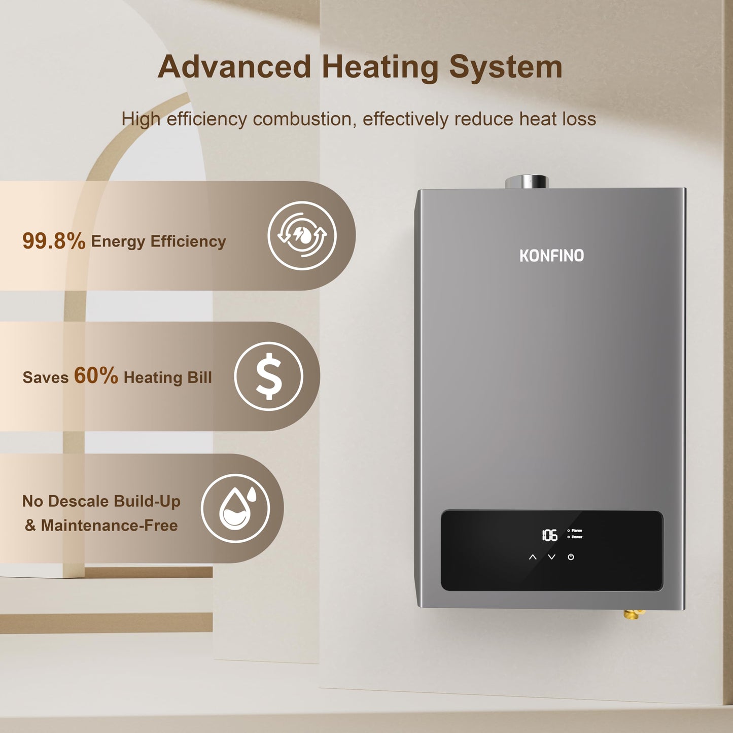 Konfino Indoor Natural Gas Tankless Water Heater - Up to 4.3 GPM, 102,000 BTU for 3-4 Water Point Use, On Demand Instant Hot Water Heater with Smart Digital Display, Multi-Protections & Alarm System