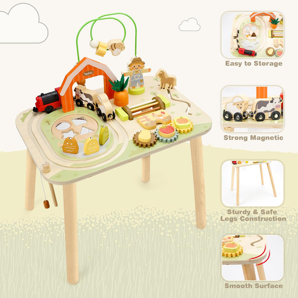 Vanplay Activity Table for 1 Year Old Boy Girl Birthday Gifts, Montessori Toys for 1 2 Year Old, 10 in 1 Wooden Sensory Play Table for Toddler 1-3, Learning Table for Baby 12M+ First Gifts