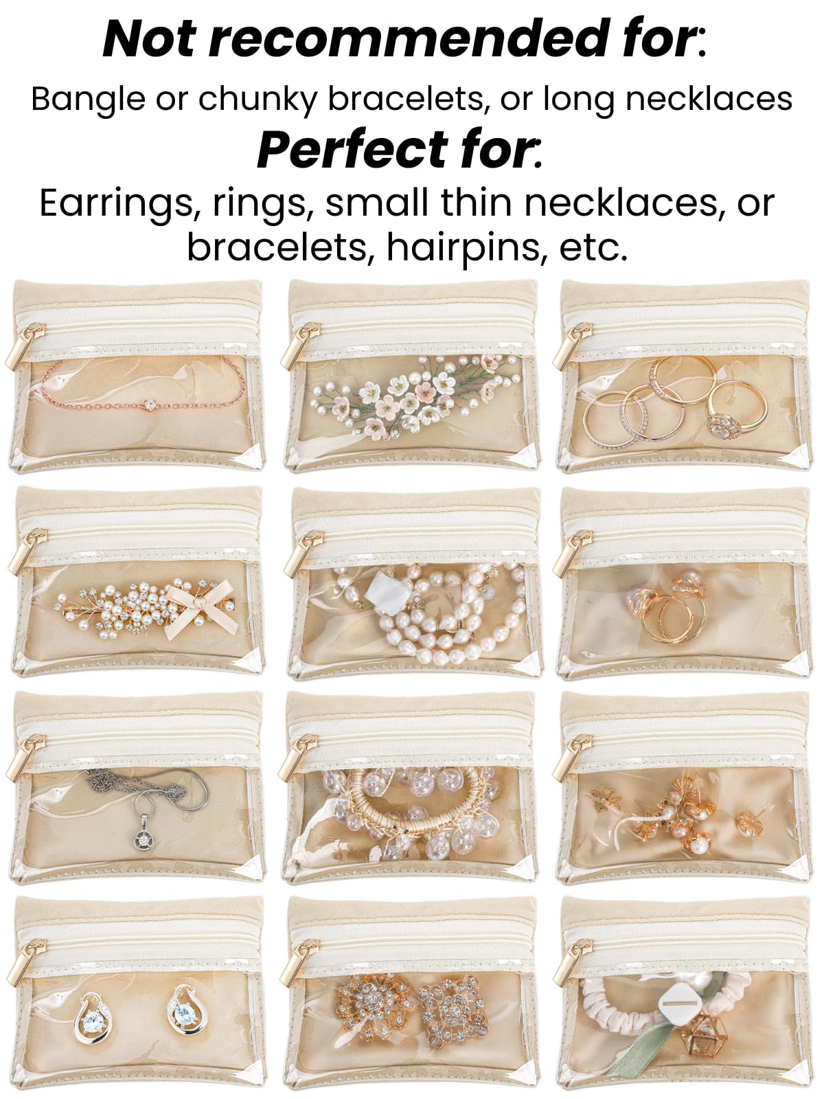 Hacaroa Travel Jewelry Case with 12 Velvet Pouches, Jewelry Storage Organizer Box PU Leather, Clear Window Small Bags Wedding Gifts for Earrings, Necklaces, Bracelets, Rings, Women, Girls, Cream White