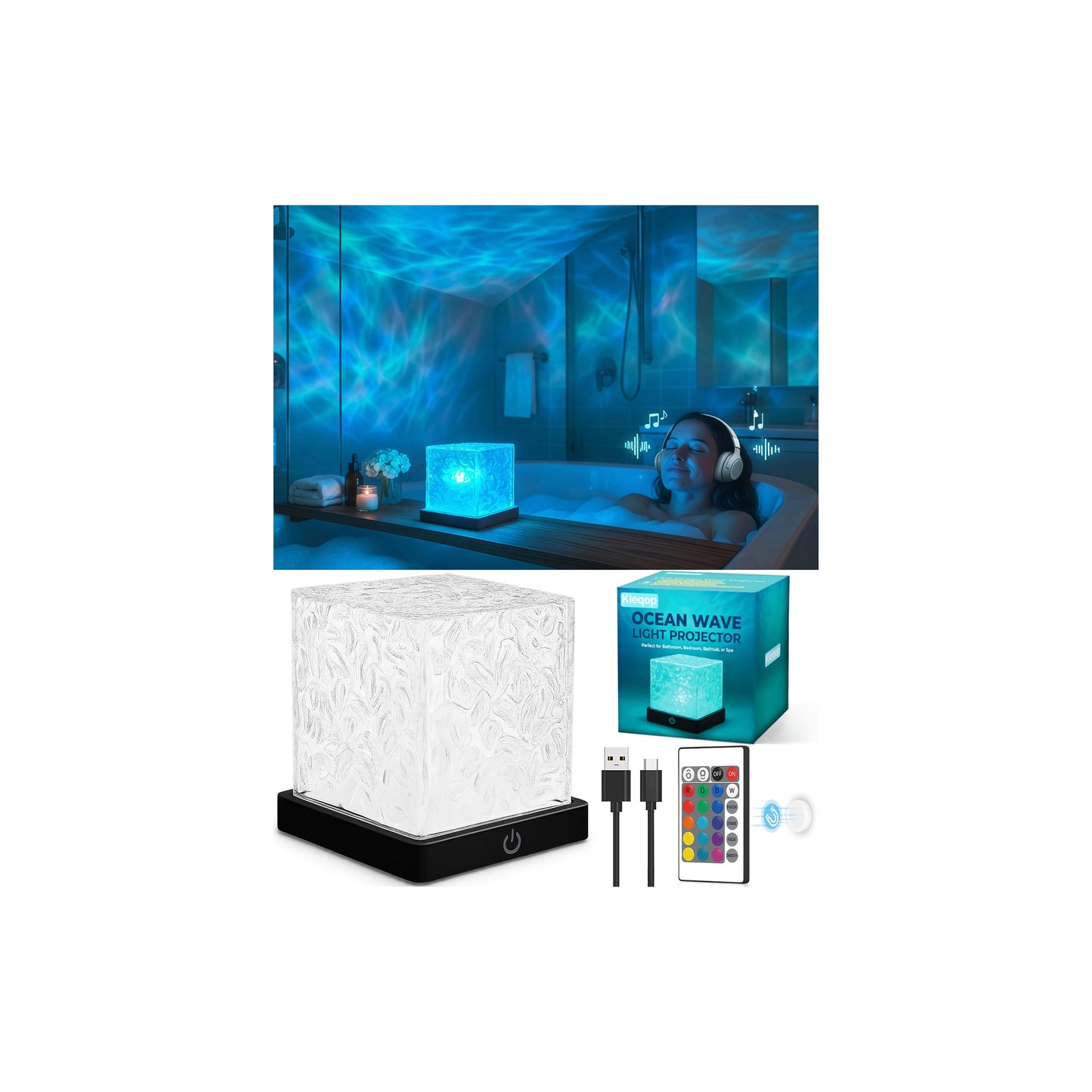 Rechargeable Shower Light Cube, 16 Color Ocean Wave Projector Light Battery Operated, Waterproof Shower Mood Lighting with Remote, Relaxing Bath Lights, Ocean Lamp for Bathroom, Bedroom, Ocean Gifts