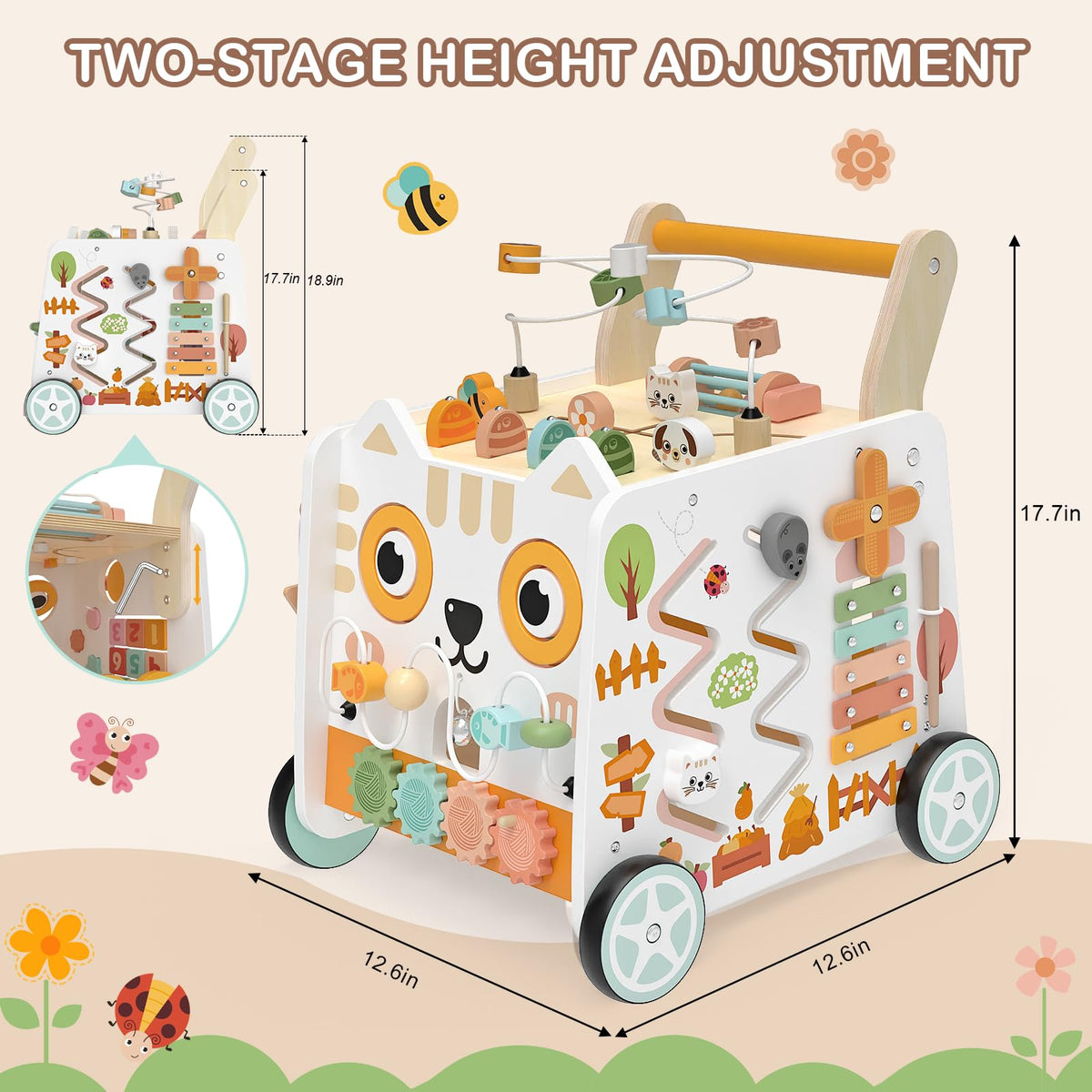 Weilim Wooden Baby Push Walker with Activity Center, Montessori Toy 12M+