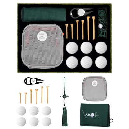 Golf Gift Set for Men - 6 Balls, Tees, Divot Tool, Towel & Organizer Bag - Lucky Chinese Knot Charm - Ideal Gift for Dad, Husband, Father's Day & Christmas