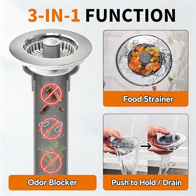 Solid Brass Body 3-in-1 Kitchen Sink Drain Strainer & Stopper, Heavy Duty Pop
