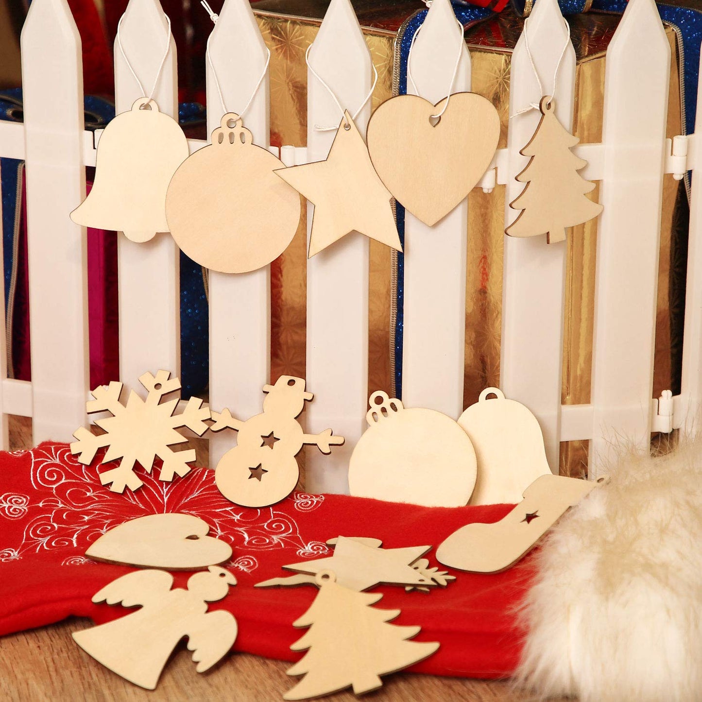 Tatuo 120 Pieces Unfinished Wooden Ornaments Christmas Wood Ornaments Hanging Embellishments Crafts for DIY, Christmas Hanging Decoration in 10 Shapes