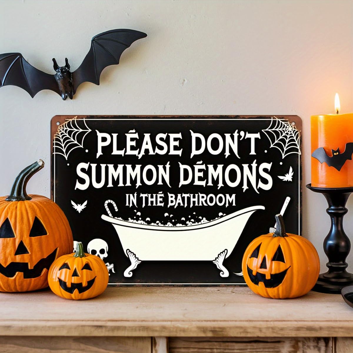 Please Don't Summon Demons in the Bathroom Halloween Retro Metal Tin Sign Wall Art Decor for Home Farmhouse Halloween Bathroom Party 8x12 Inch