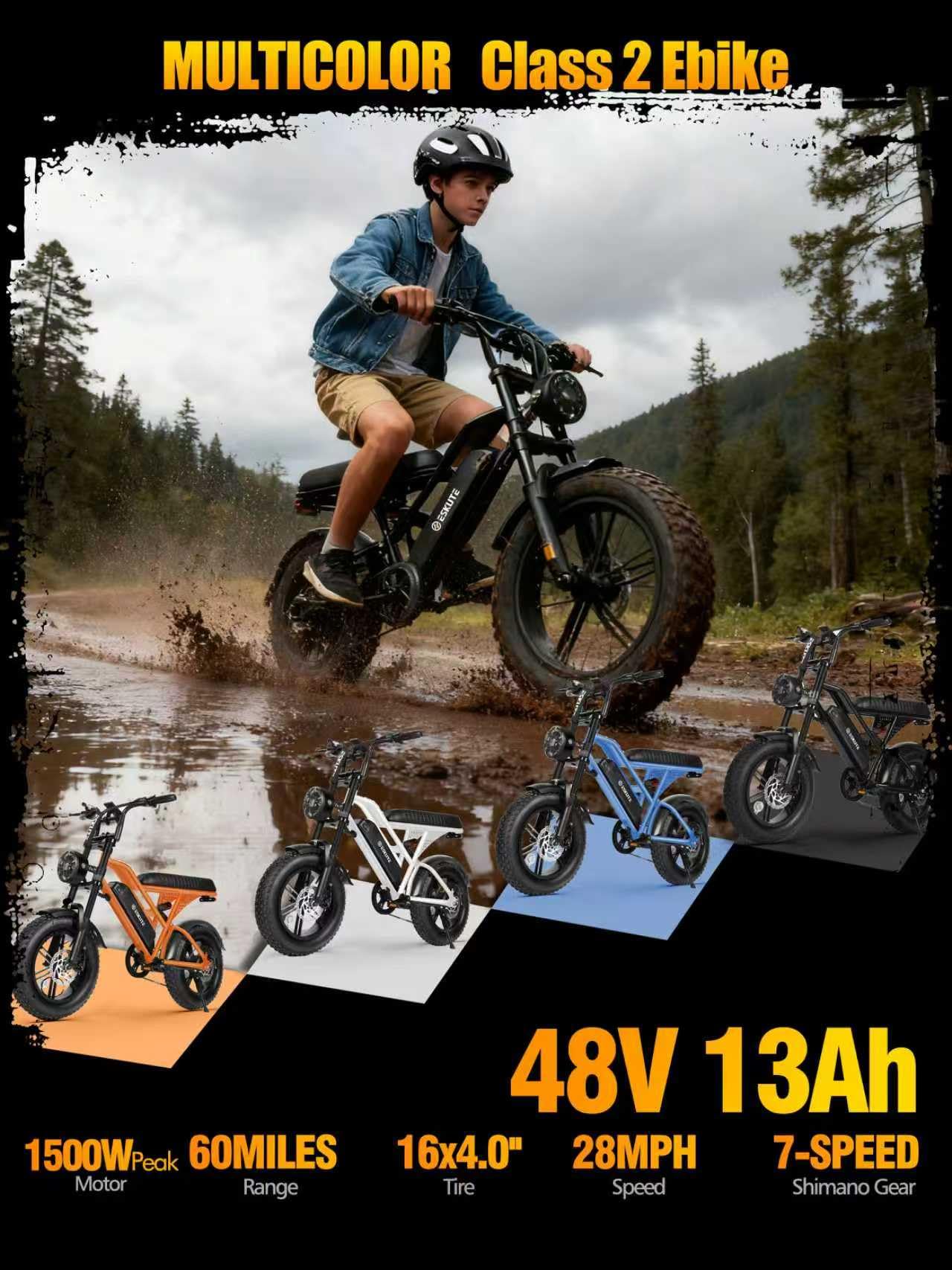 ESKUTE Electric Bike for Adults – 1500W Peak Motor, 48V 13Ah Battery, 20+MPH, Dual Suspension, 16"x4.0" Fat Tire E-Moped, 7-Speed, Up to 60 Miles, Commuter E-Bike, Orange