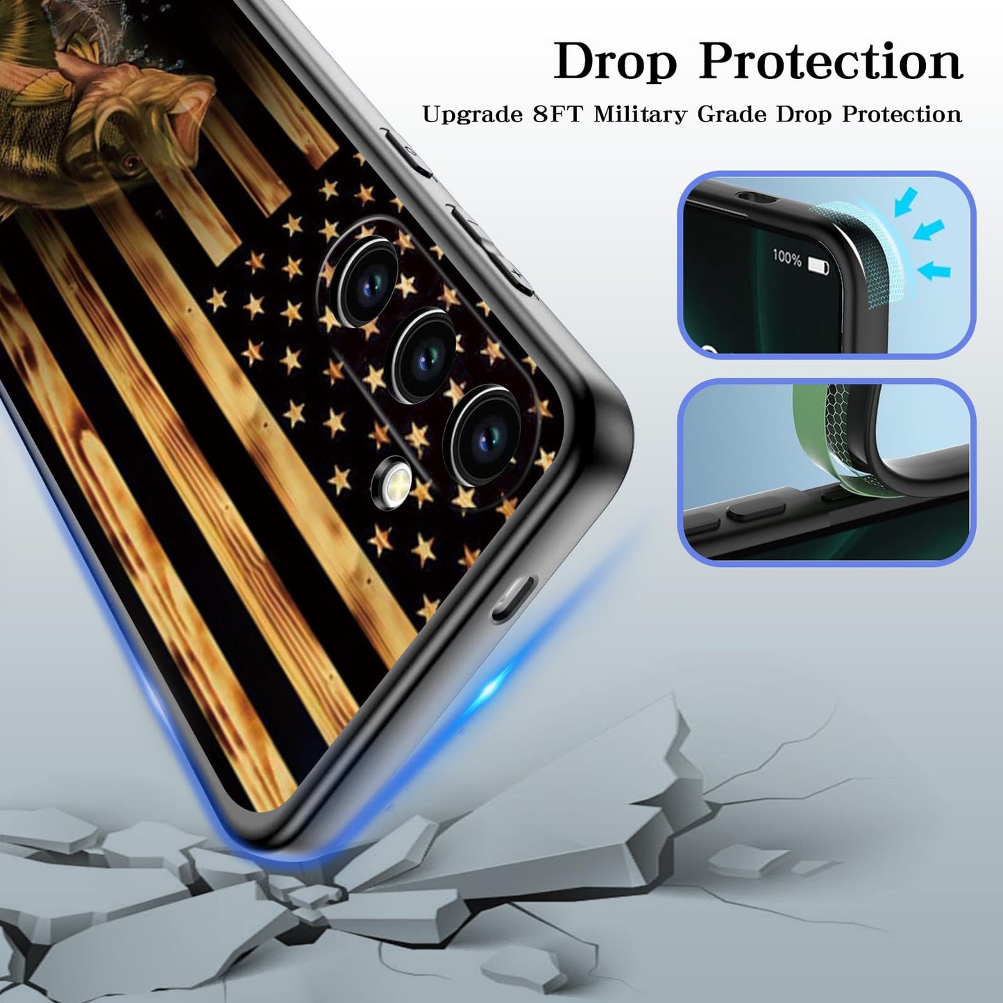 HQUSZPT Phone Case Compatiable for Samsung Galaxy S25 FE 5G,Slim Shockproof Protective Cover for Man Women Girl Boy Children,Wood Grain American Flag Fish