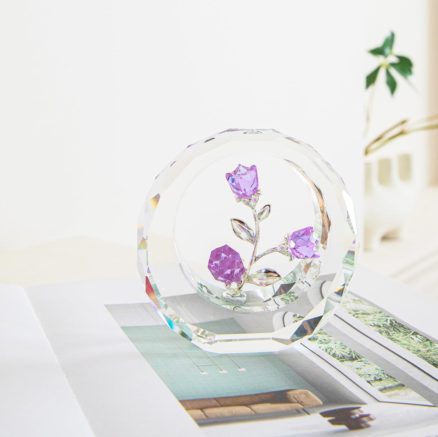 Crystal Tulips Rose Collectible Figurines,Glass flowers in glass dome,Tiny crystal glass rose figurines, Glass roses with stems with stems, Crystal deco for home, Holiday Creative Gift (Purple)