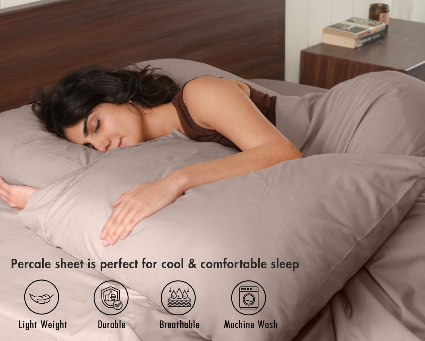 RUVANTI 100% Cotton Percale Sheets Full Size – Crisp Cooling Bed Sheets for Hot Sleepers, Deep Pocket 16”, Soft Breathable & Durable Hotel-Style 4 Piece Set, Warm Mocha
