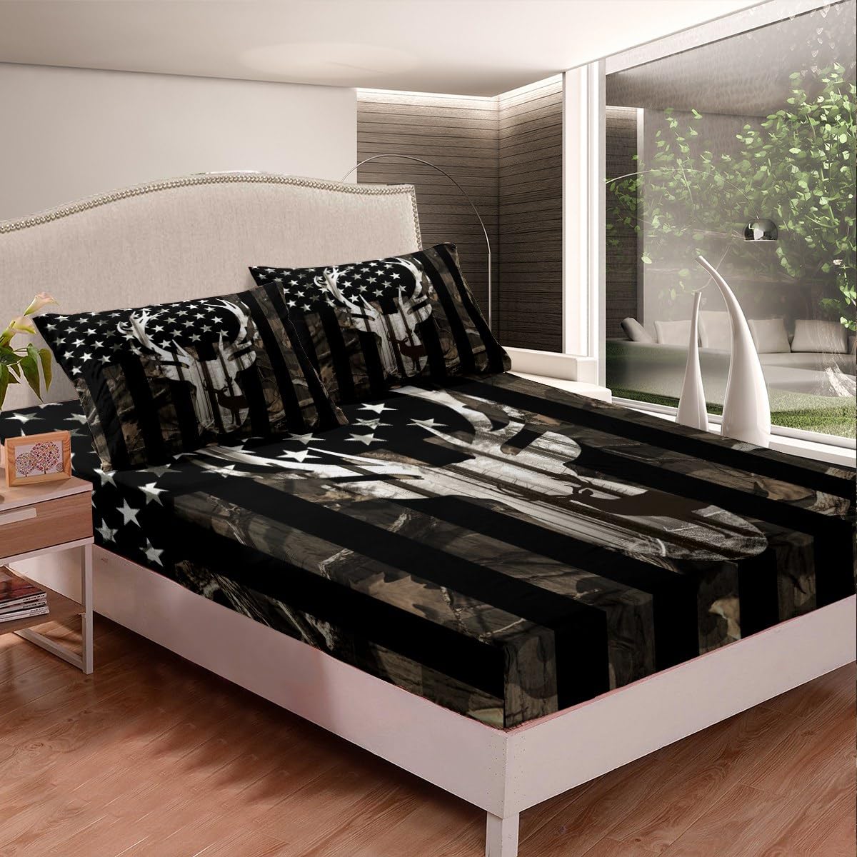 Grey Camo USA Flag Fitted Sheet Set Full Size 4pcs, Camouflage Deer Antlers Silhouette and Trees Bedding Set(1 Fitted,1 Flat,2 Pillowcases),American Flag Luxury Deep Pocket Bed Sheets for Girls Teen