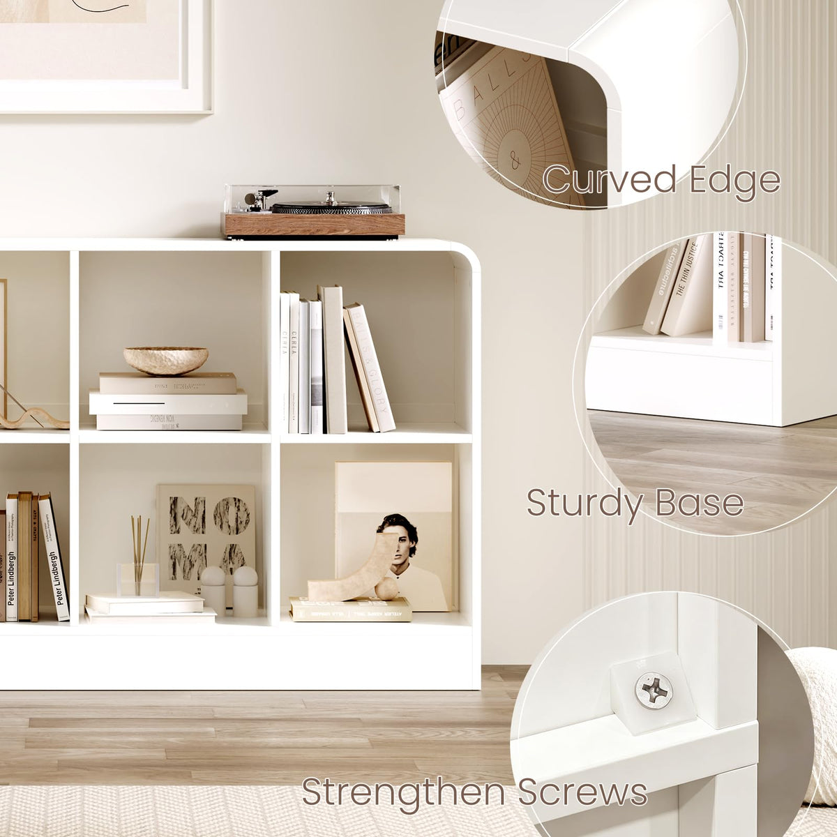 EXPERLAM White 8 Cube Storage Organizer with Rounded Edges and Reinforced Base, Low Horizontal Cube Bookshelf, Wooden Cube Shelf Bookcase for Living Room, Kids Room, Bedroom, TV Stand
