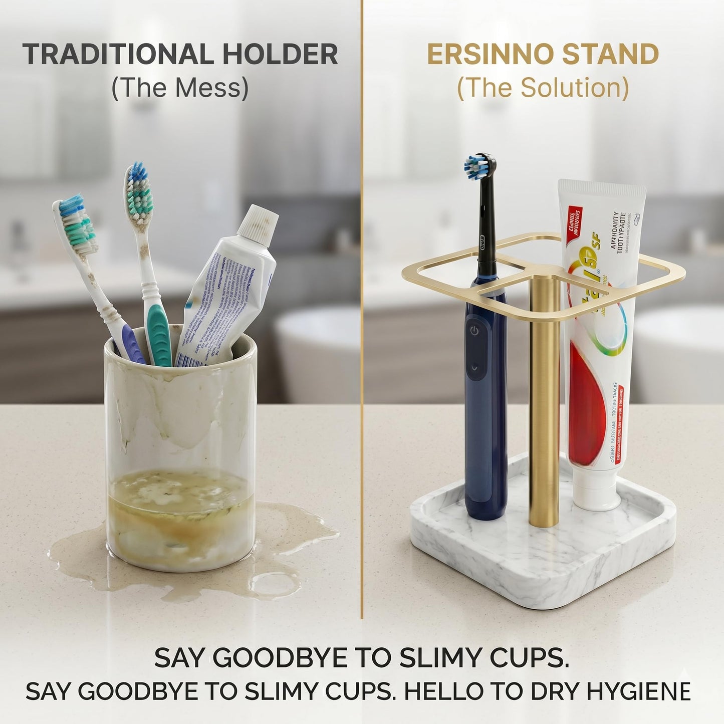 ERSINNO Electric Toothbrush Holder for Bathroom - Resin Marble Base & 304 Stainless Steel Organizer - 3-Slot Toothpaste and Vanity Stand - Space-Saving Bathroom Caddy for Countertop (White Silver)