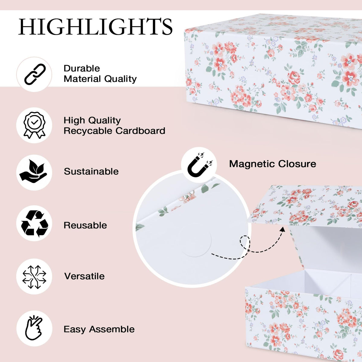 LFBOX Rose Floral Gift Box with Magnetic Lids 13.8x8.3x4.4 in, Large Bridesmaid Proposal Boxes, Rectangle Wedding Decorative Storage Box 5 Pack