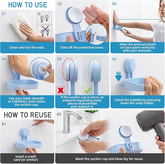 LEVERLOC Soap Dish Holder for Shower Suction Cup Wall Mounted Self Draining