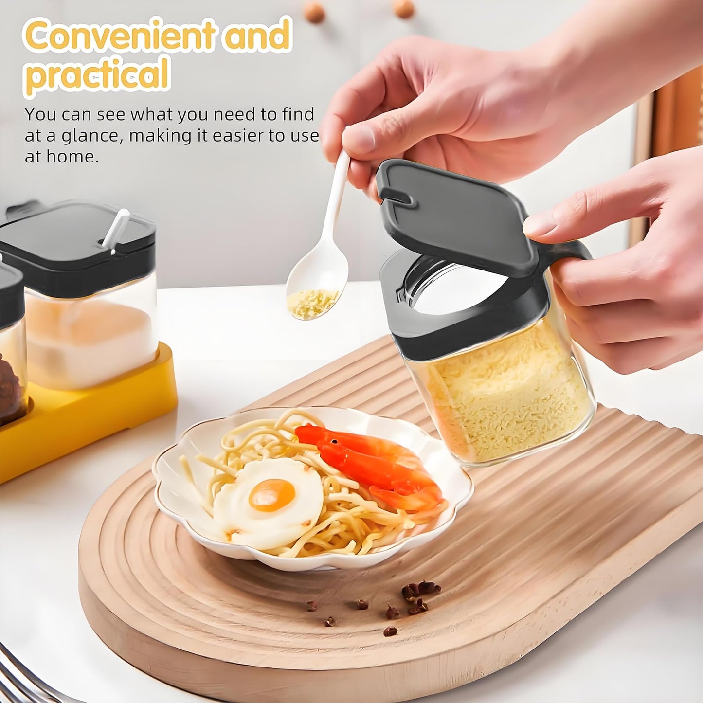 WANYISHUN Condiment Jar Spice Container with Lids and Spoons, Kitchen Spice Pot Set of 3, 11oz Clear Glass Condiment Pot with Tray, Kitchen Salt Pepper Sugar Storage Container Jar (black, 300ml)