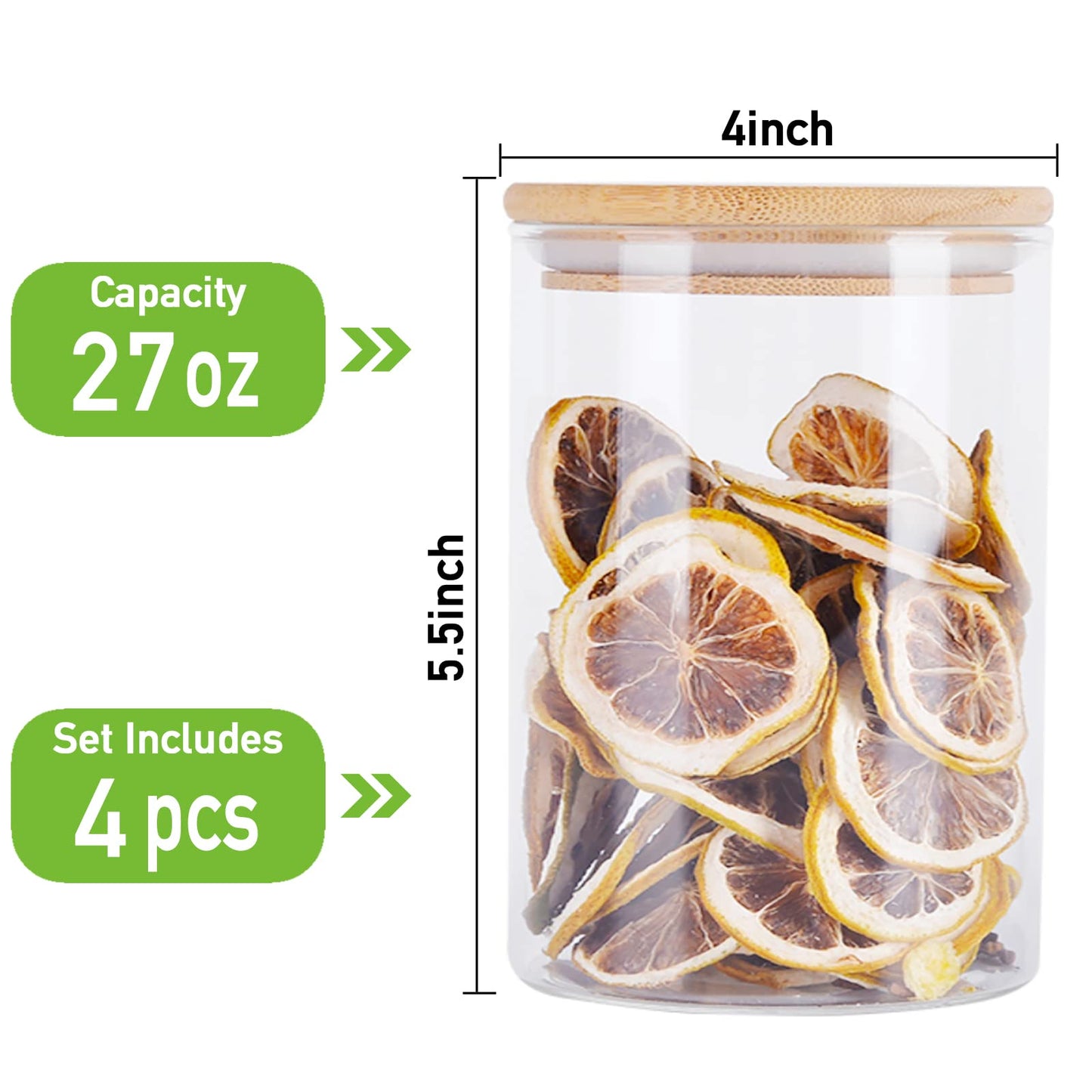 Aoeoe 4 Pack Glass Storage Jars with Airtight Bamboo Lid, 27 OZ Glass Kitchen Canisters, Clear Container for Coffee Bean Storage, Dry Goods, Cookie, Candy, Tea, Spices and More