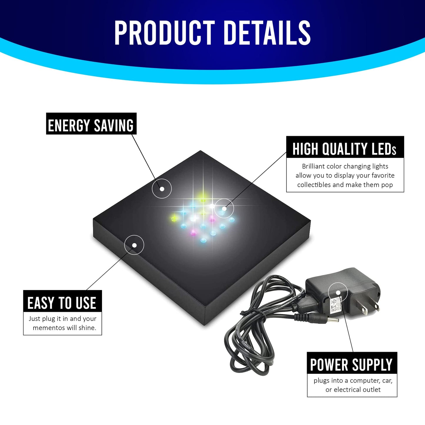 ASENTE 16 LED Multi-Color Light Stand Base- Lighted Acrylic Display, Crystal Display, Trophy & Art Hologram, 3D Pedestal Stand for Crafts, & Other Special Centerpieces, 4.5V AC/USB Adapter, Matte Black
