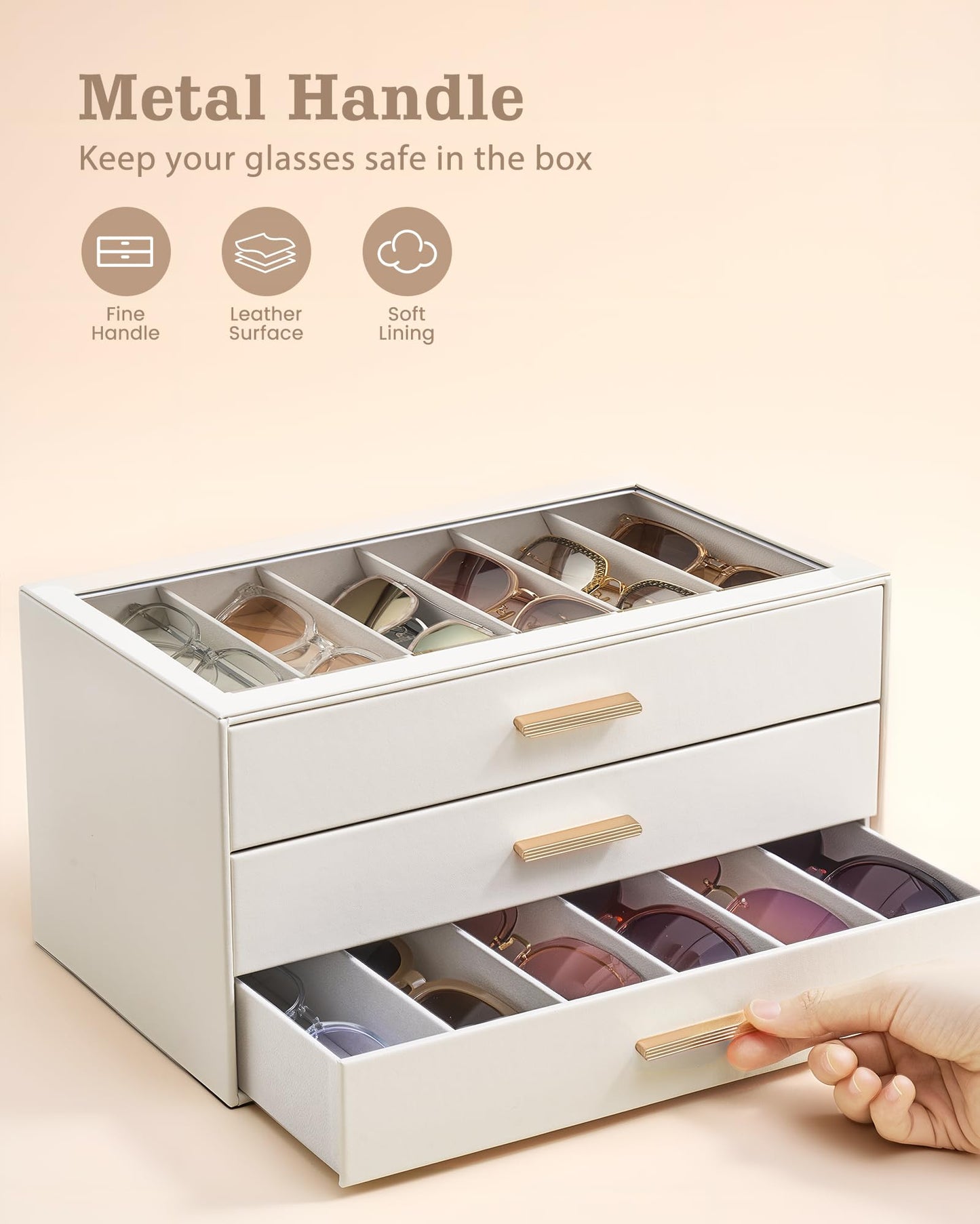 Lolalet 18 Slots 3-Layer Sunglasses Storage Box for Women, Eyewear Eye Glass Sunglass Organizer with Clear Top Lid Display Holder Case for Sunglasses Eyeglass Watch Jewelry, Mothers Day Gifts -Beige