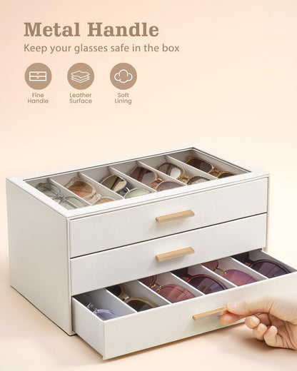 Lolalet 18 Slots 3-Layer Sunglasses Storage Box for Women, Eyewear Eye Glass Sunglass Organizer with Clear Top Lid Display Holder Case for Sunglasses Eyeglass Watch Jewelry, Mothers Day Gifts -Beige