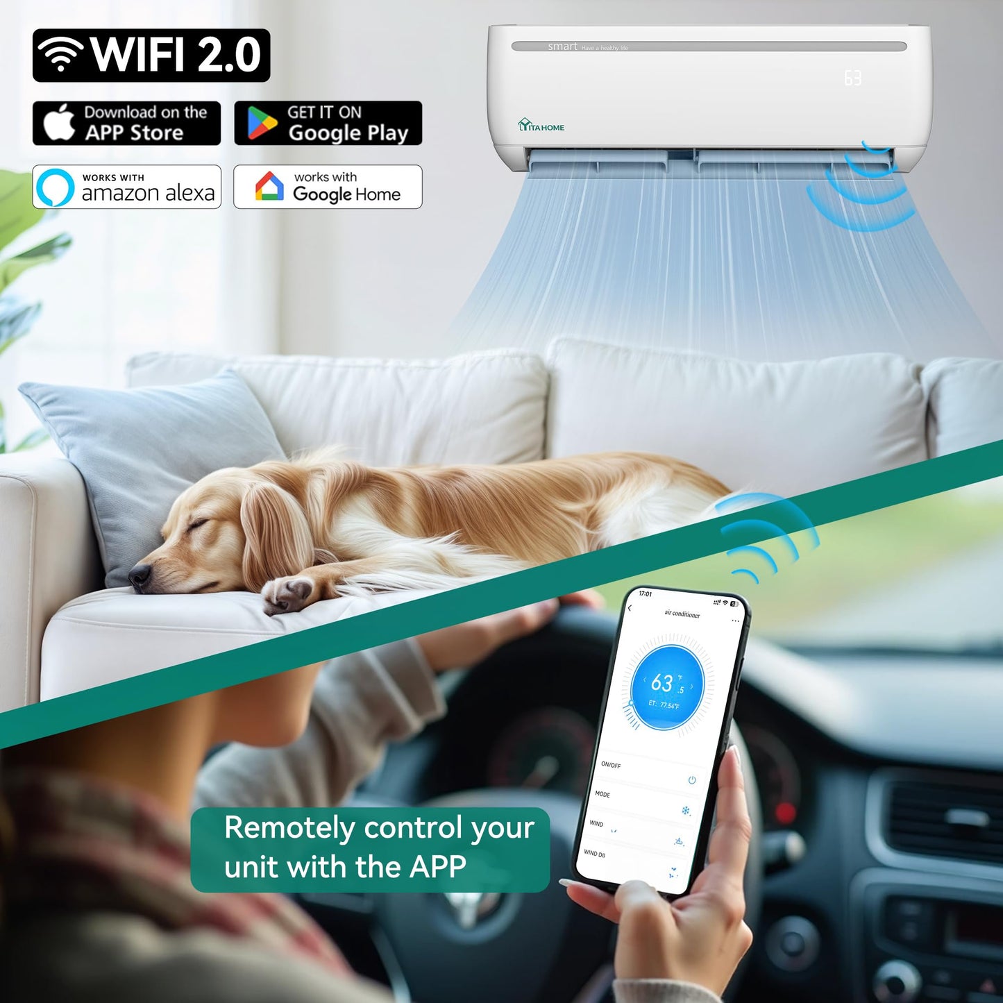YITAHOME 2 Zone 24000 BTU Mini Split AC/Heating System, 20 SEER2 12000 + 12000 BTU WiFi Enabled 115V Dual Zone Ductless Air Conditioner with 2 Outdoor Units, Enable Different Modes Simultaneously
