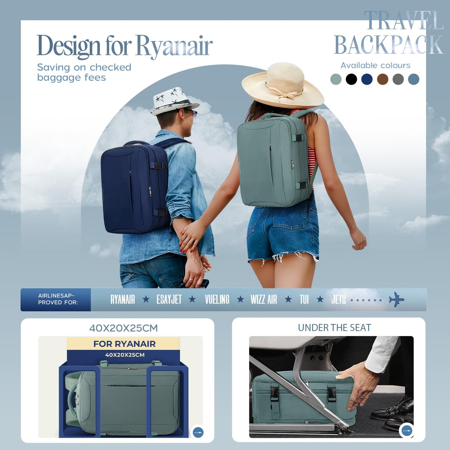 Xkdoai for Ryanair Cabin Bags 40x20x25, Travel Backpack with TSA Approved Clear Bag, Travel Bag Underseat Carry-ons Hand Luggage Bag for Travelling Casual Daypack for Ryan Air Plane