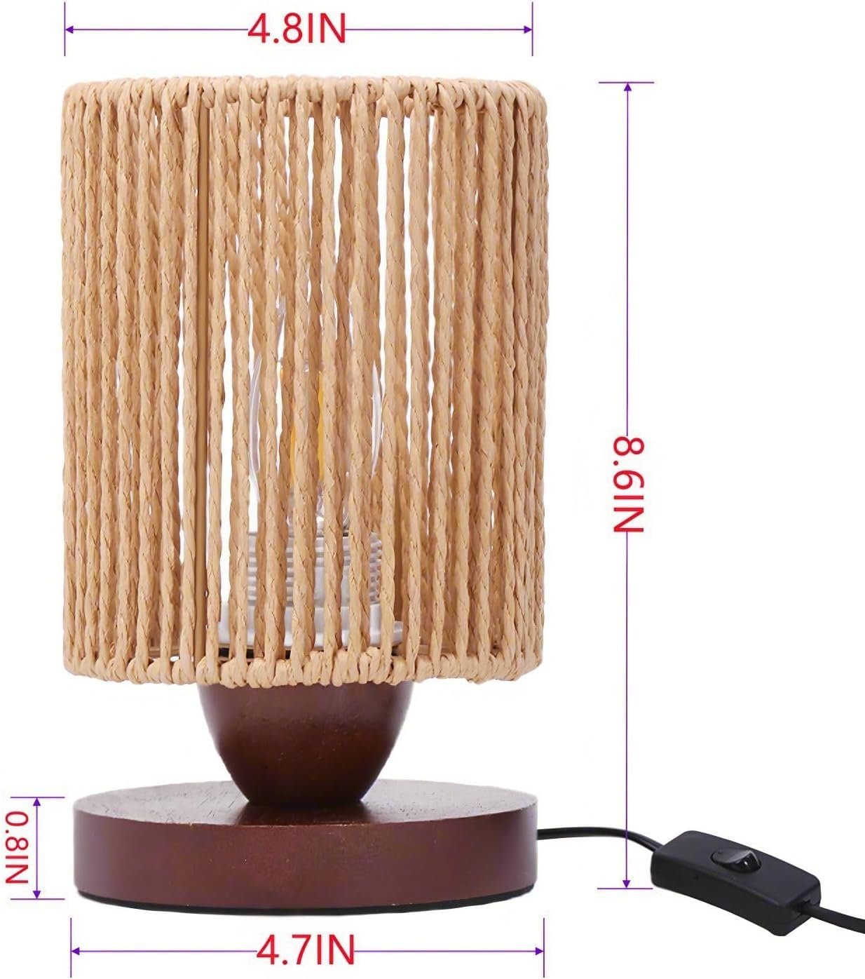 DKCONONY Small Rattan Table Lamp for Bedroom, Boho Bedside Lamp with Warm LED Bulb, Handwoven Wicker Nightstand Lamp for Nursery, Entryway & Dorm, Mini Ambient Night Light with Wood Base (8.6" Tall)