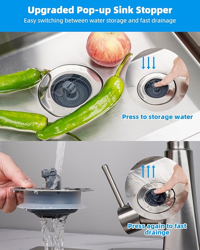 Hibbent 3 in 1 Kitchen Sink Drain Strainer and Stopper Combo, Chrome Stainless
