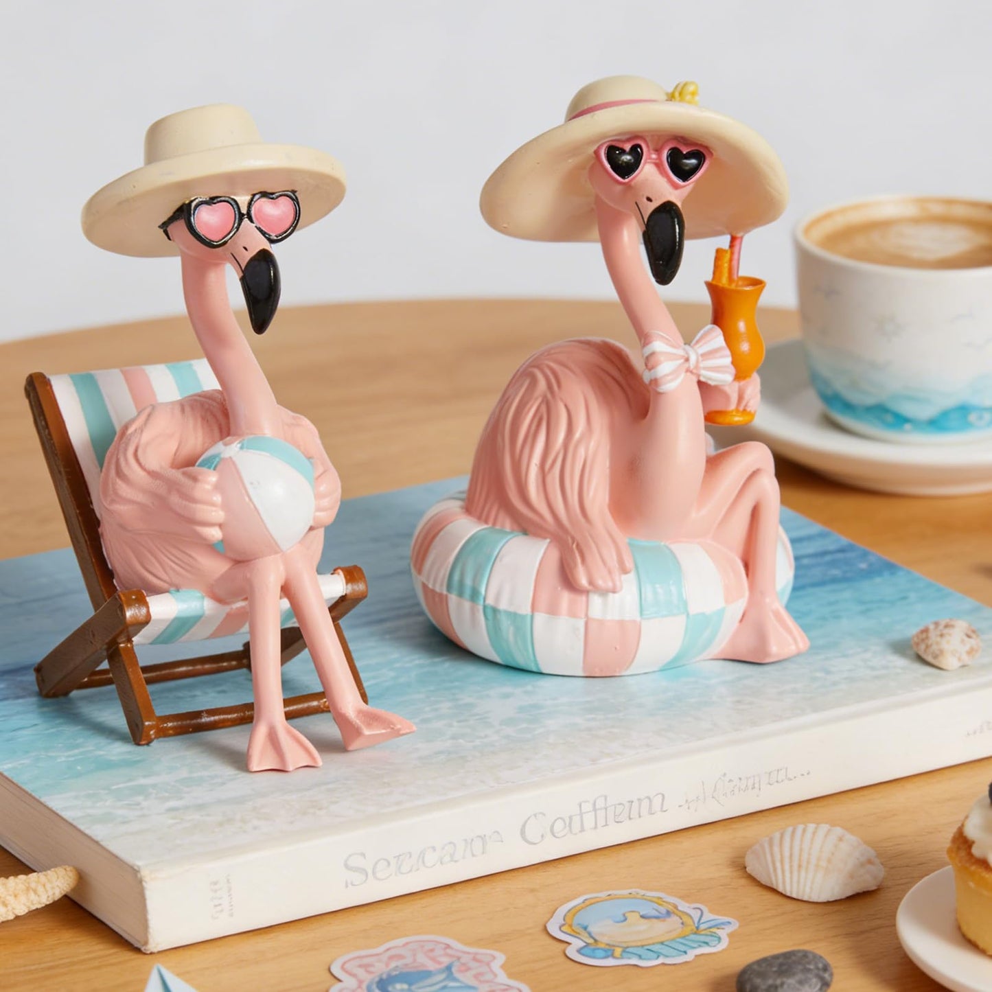 WDS WONDROUS Flamingo Figurines 2Pcs, Summer Beach Decor, Pink Resin Statues with Pool Float & Beach Chair, Tropical Vacation Tabletop Gifts for Women Desk Holiday Decoration
