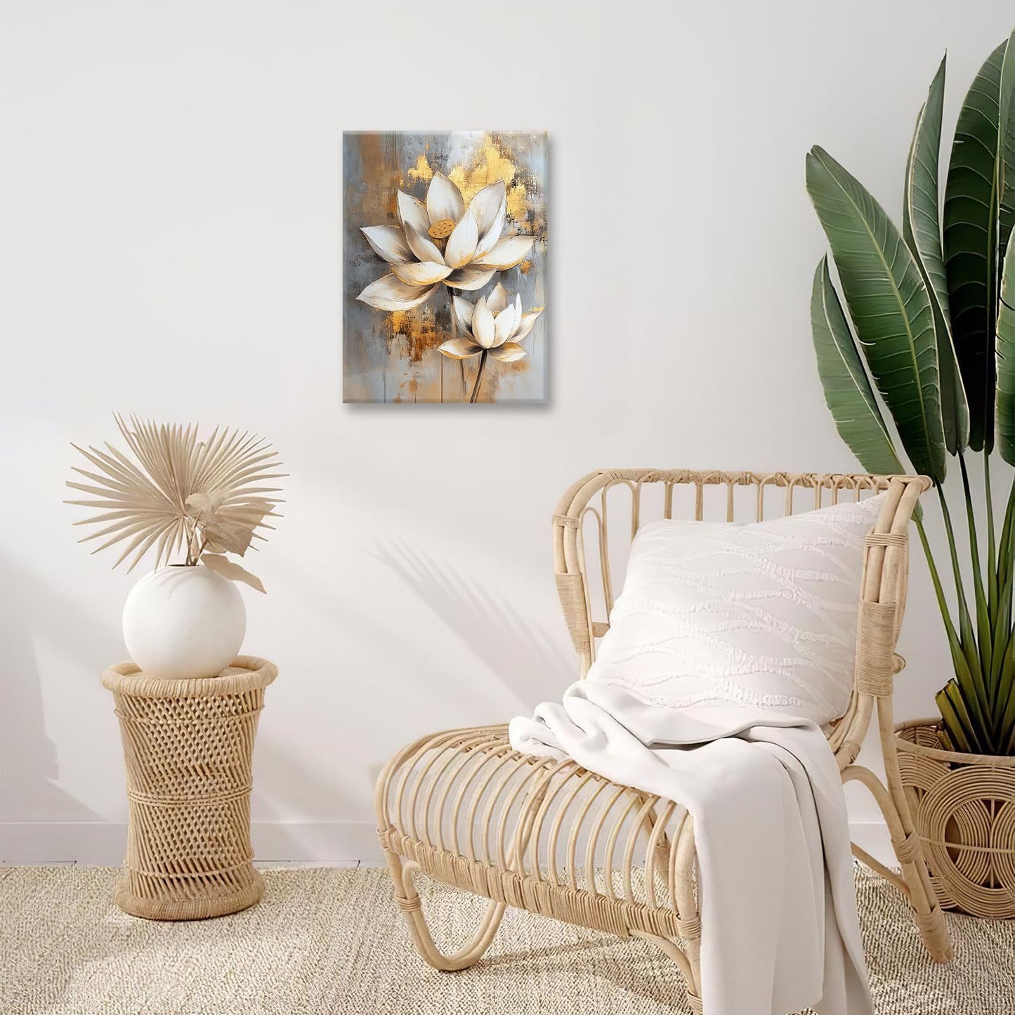 Olivine Zen Wall Art, Lotus Pictures Wall Decor, White and Golden Lotus Flower Bloom Painting Canvas Prints, Framed Artwork for Bedroom Bathroom Living Room Office Spa Meditation Yoga 16”x12”