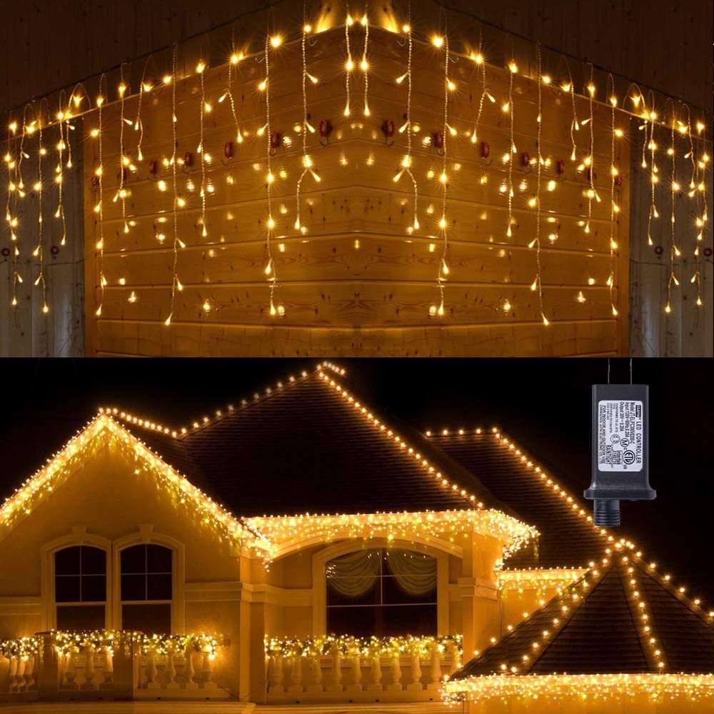 Toodour Christmas Icicle Lights Outdoor, 360 LED 29.5ft 8 Modes Fairy Icicle String Light with 60 Drops, Led Christmas Lights Twinkle for Holiday, Party, Wedding, Eaves, Xmas Decorations (Warm White)