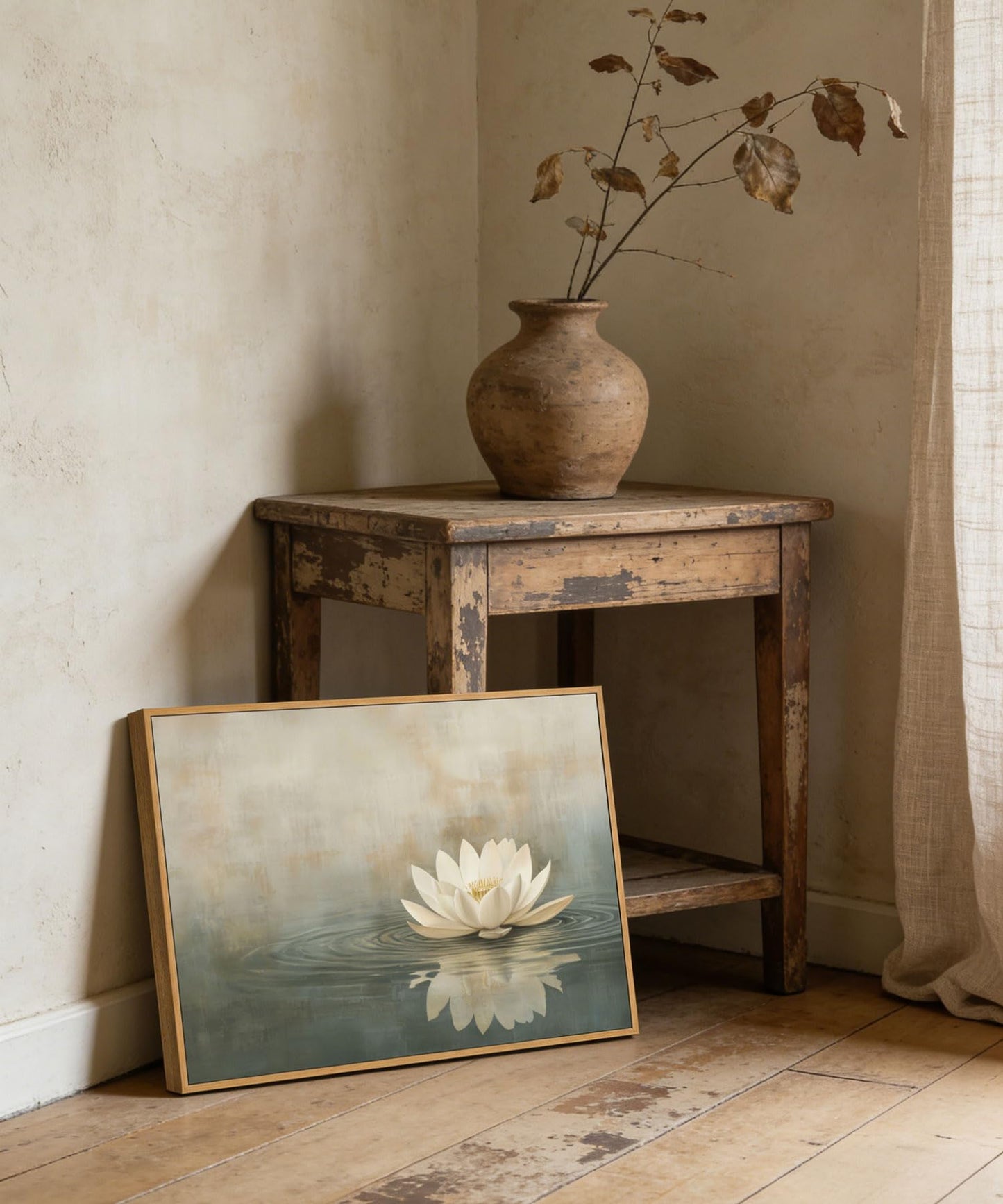 Framed Sage Green Japandi Canvas Wall Art Zen White Lotus Flowers Picture Wall Decor Japanese Wabi Sabi Poster Prints for Yoga Spa Meditation Spiritual Room Living Room Home Decoration 12x16in
