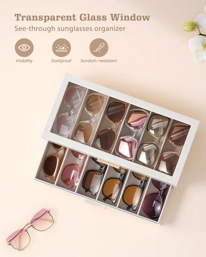 Lolalet 12 Slots 2-Layer Sunglasses Storage Box for Women, Eyewear Eye Glass Sunglass Organizer with Clear Top Lid Display Holder Case for Eyeglass Watch Jewelry, Mothers Day Gifts -Beige