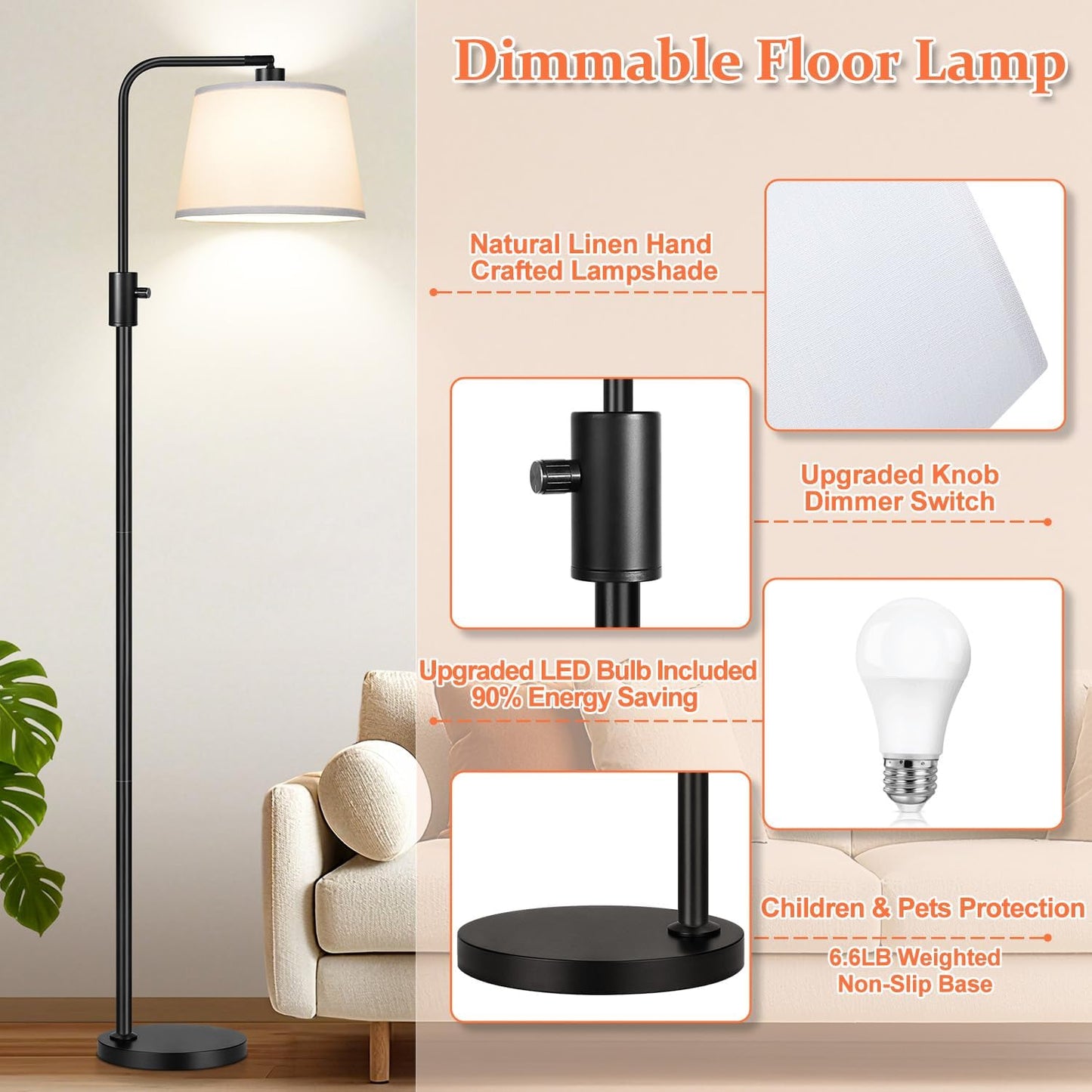【Upgraded】 Dimmable Floor Lamp, 1000 Lumens LED Edison Bulb Included, Arc Black Floor Lamps for Living Room Modern Standing Lamp with White Shade, Tall Lamps for Living Room Bedroom Office Dining Room