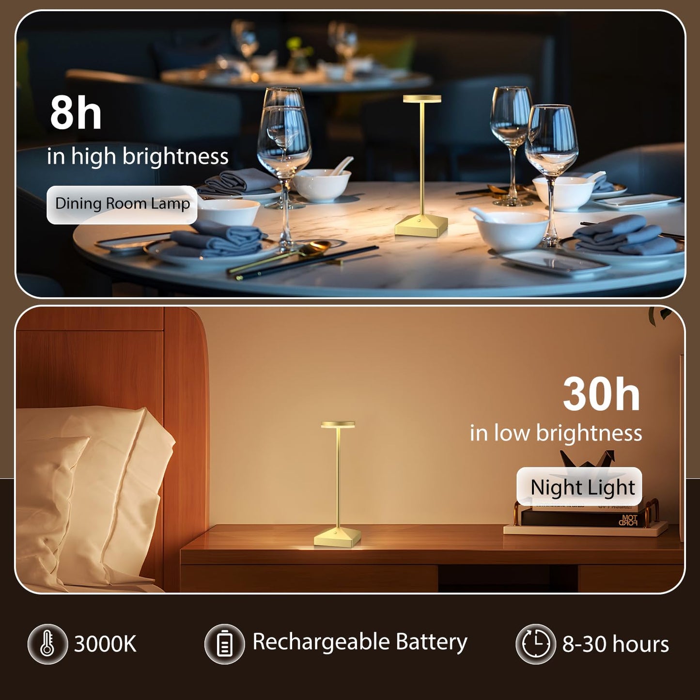FUNTAPHANTA 3 Pack 7.67in Gold Small Cordless Table Lamps Rechargeable, Battery Operated Mini Lamp, Small Lamp Touch Portable Table Lights, LED Night Light for Bedside/Dining/Bar/Outdoor (Gold-C)